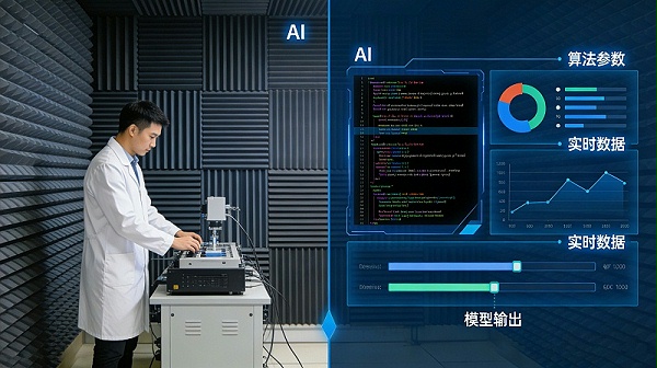 工程师在消声室测试、AI算法界面示意图
